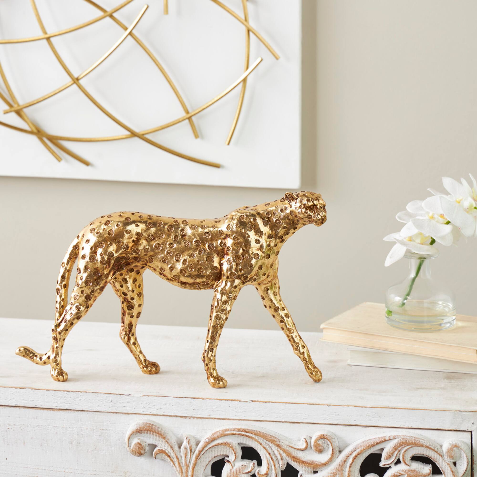17" Long Gold Walking Cheetah Sculpture